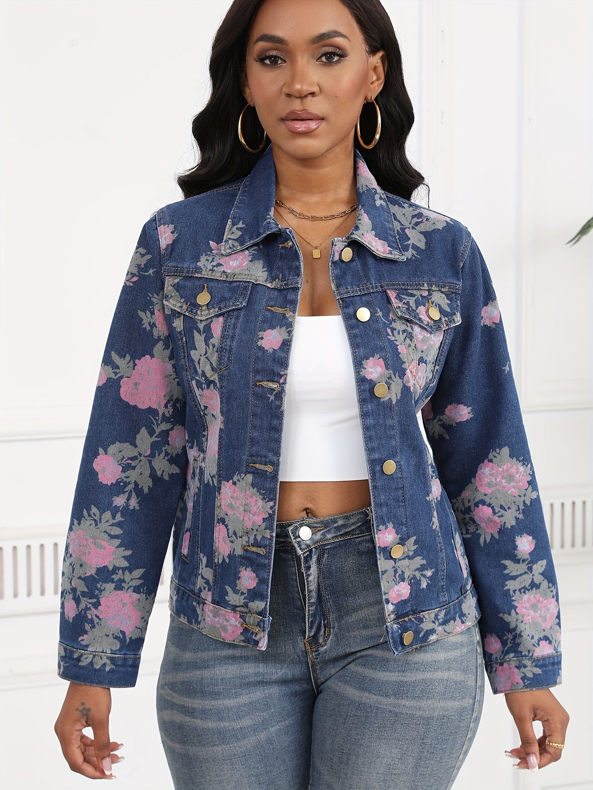 Women's Floral Print Denim Jacket Long Sleeve Flower Printed Jean Coat Casual Streetwear Spring Fall Outerwear Layering Top