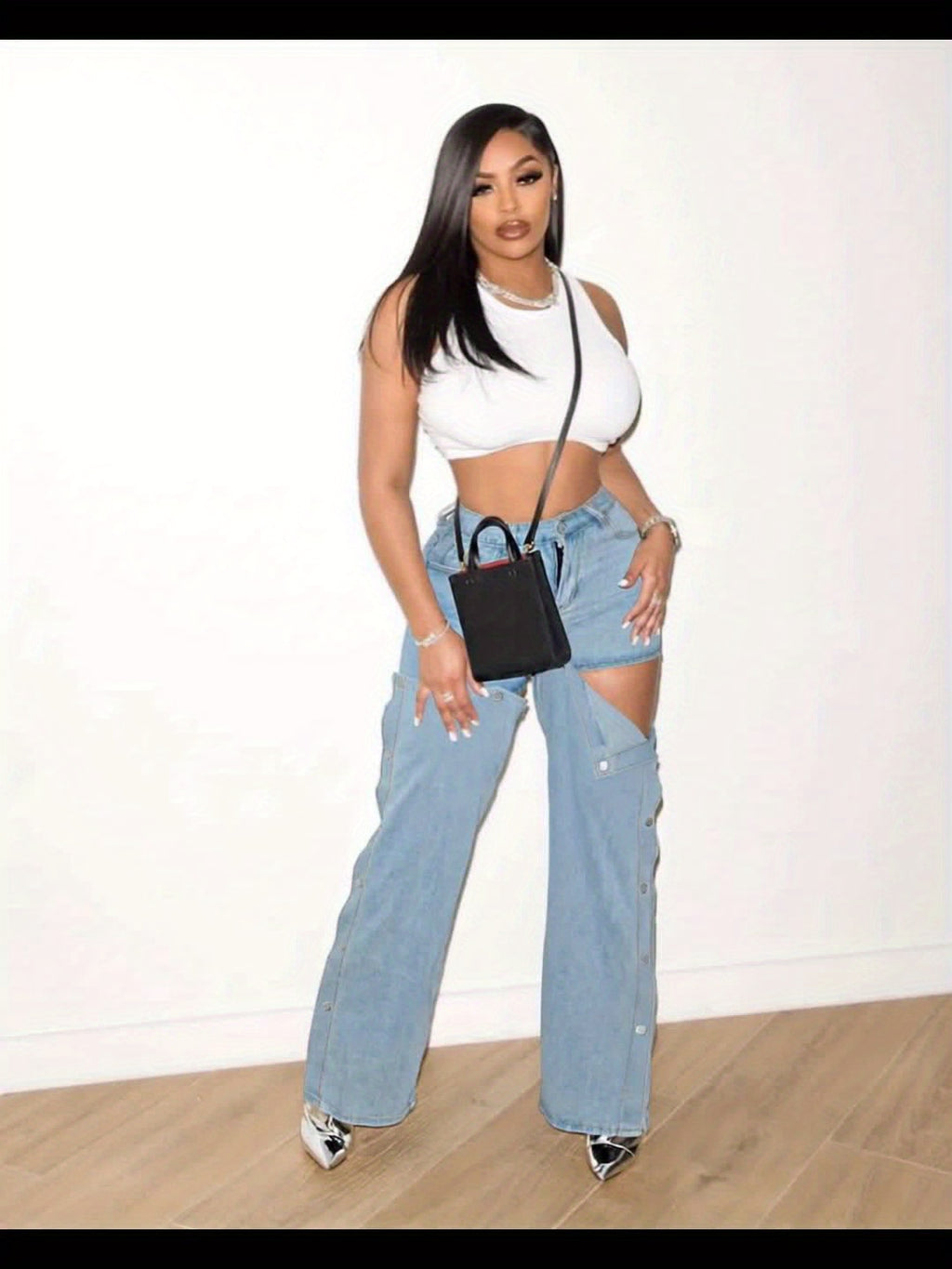 Women's Wide-Leg Boyfriend Jeans Low Rise Straight Leg Ripped Raw Hem Washed Denim S-XXL