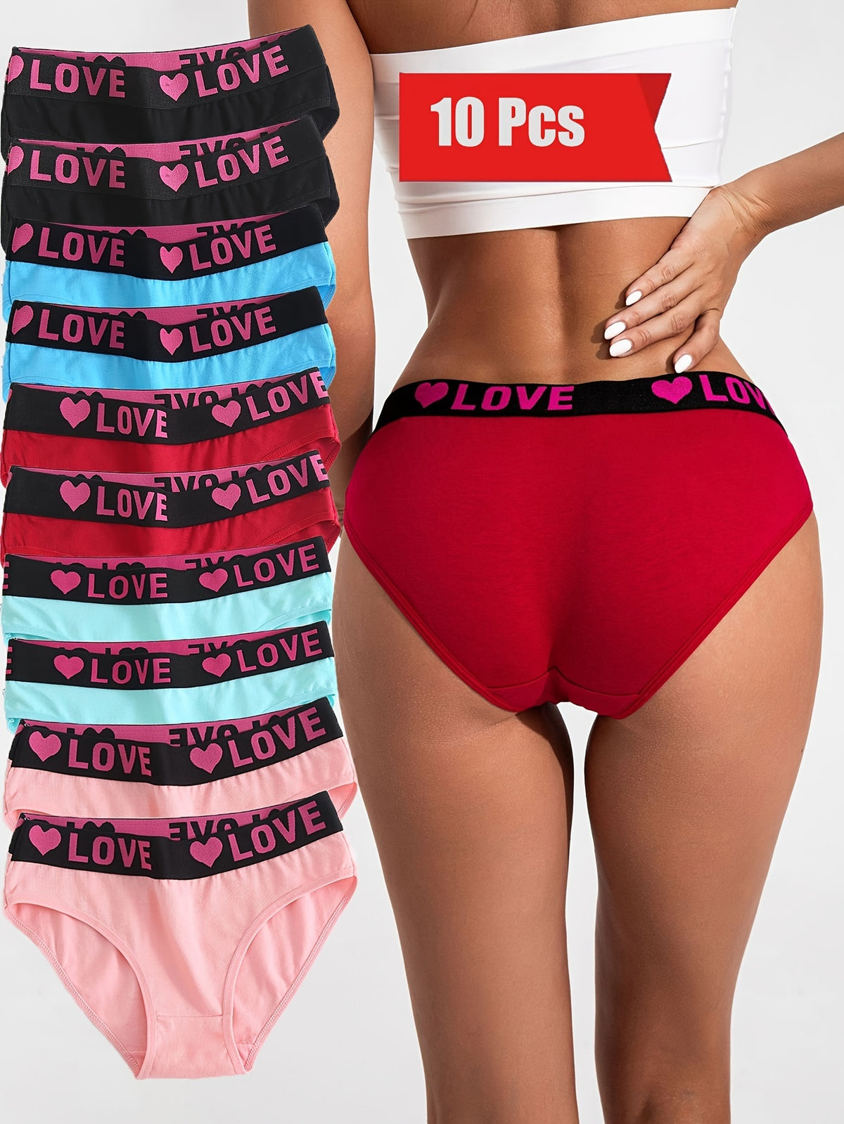 Women's Panties 10 Pack Loving Heart Print Comfortable Breathable Triangle Underwear Wide Waistband Soft Cotton Ladies Underpants