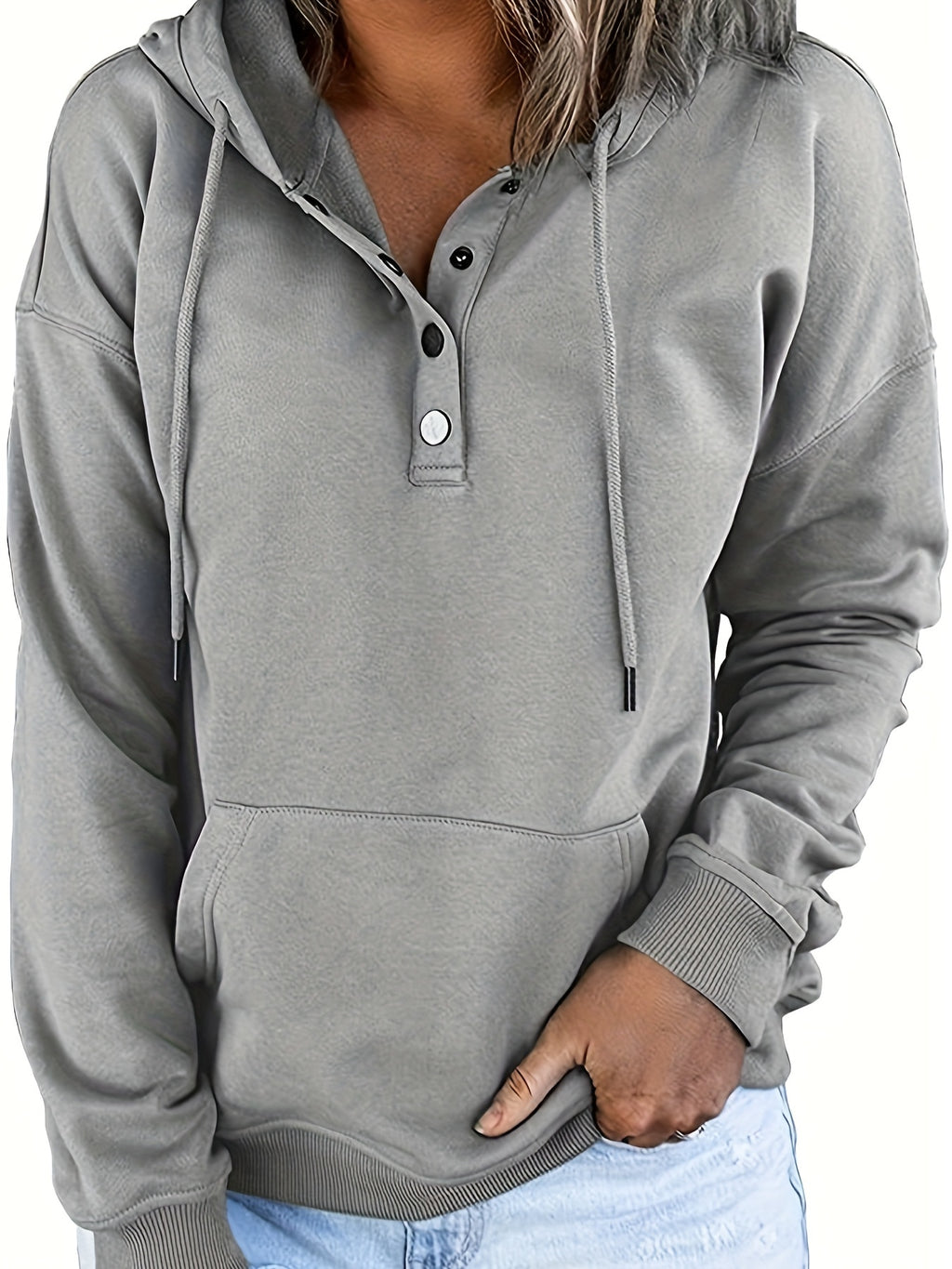 Women Oversized Button Hoodie Sweatshirt Long Sleeve Kangaroo Pocket Ribbed Cuff Casual Pullover Black Grey Burgundy Apricot S-XXL