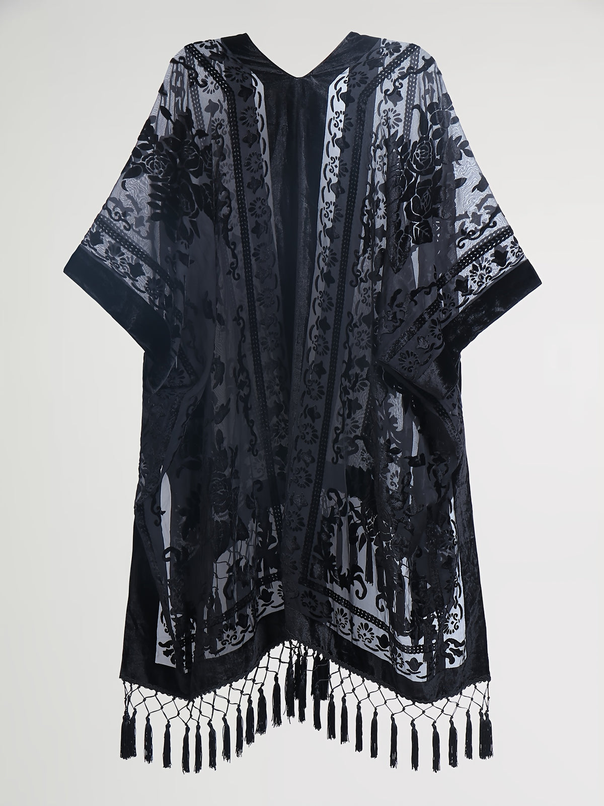 Boho Burnout Velvet Kimono Women Long Cardigan Cover Up Tassel Floral Embroidered One Size