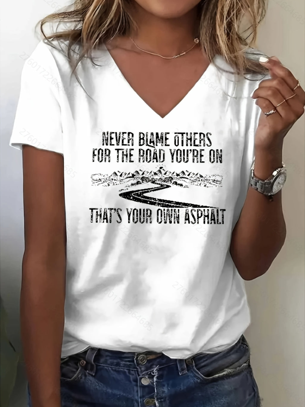Women's V-Neck Short Sleeve Inspirational Print T-Shirt "Never Blame Others" Casual Breathable Top Multi-Color S-XXL