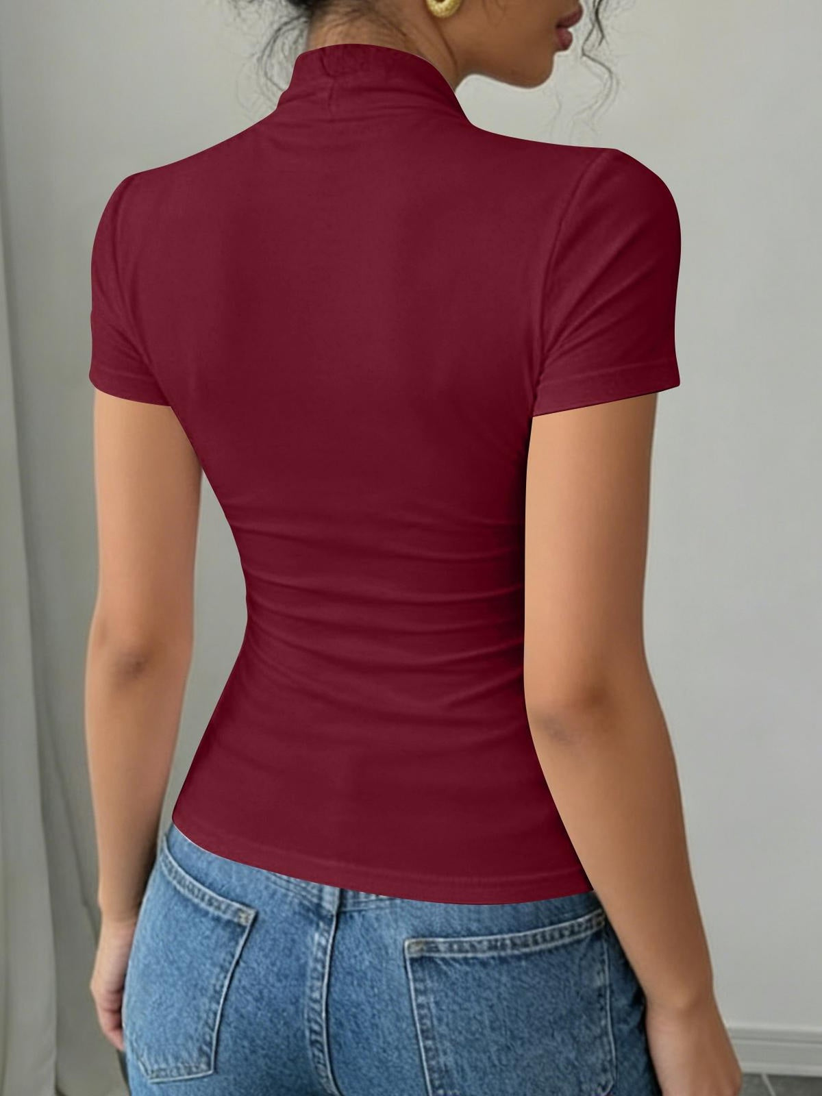 Sweetheart Neck Ruched Front T-Shirt Women Short Sleeve Slim Fit Stretch Tee Solid Color Fitted Casual Top Daily Work Travel Streetwear S-XXL