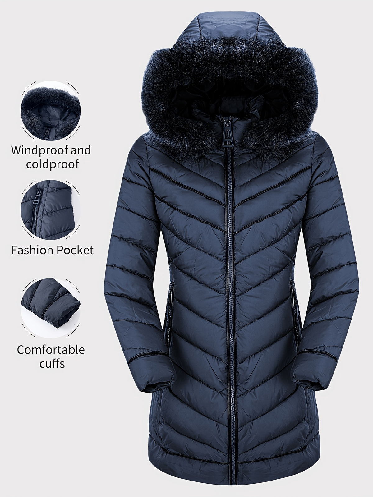 Zip-Up Faux Fur Trim Hoodie Puffy Coat Women Thermal Mid-Length Winter Coat Casual Long Sleeve S-XXL