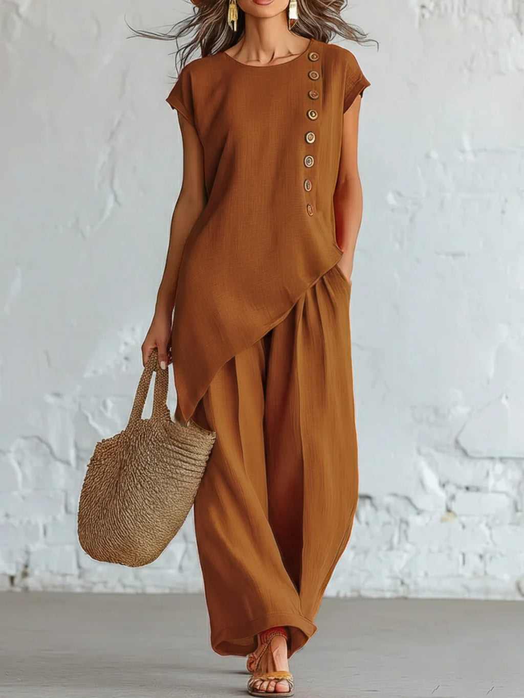 Asymmetrical Hem Button Top & Wide Leg Pants 2 Piece Set Women Long Sleeve Solid Color Daily Vacation Outfit Spring Fall 100% Polyester Smooth