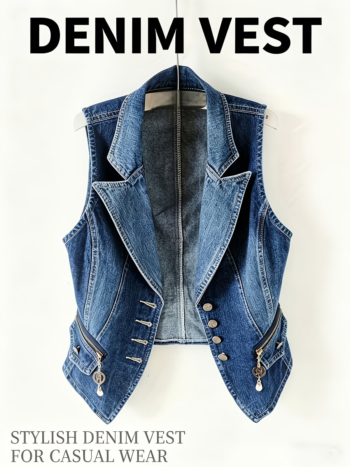 Denim Vest Women Deep Blue Button Sleeveless Jacket Structured Layering 300gsm S-XXL