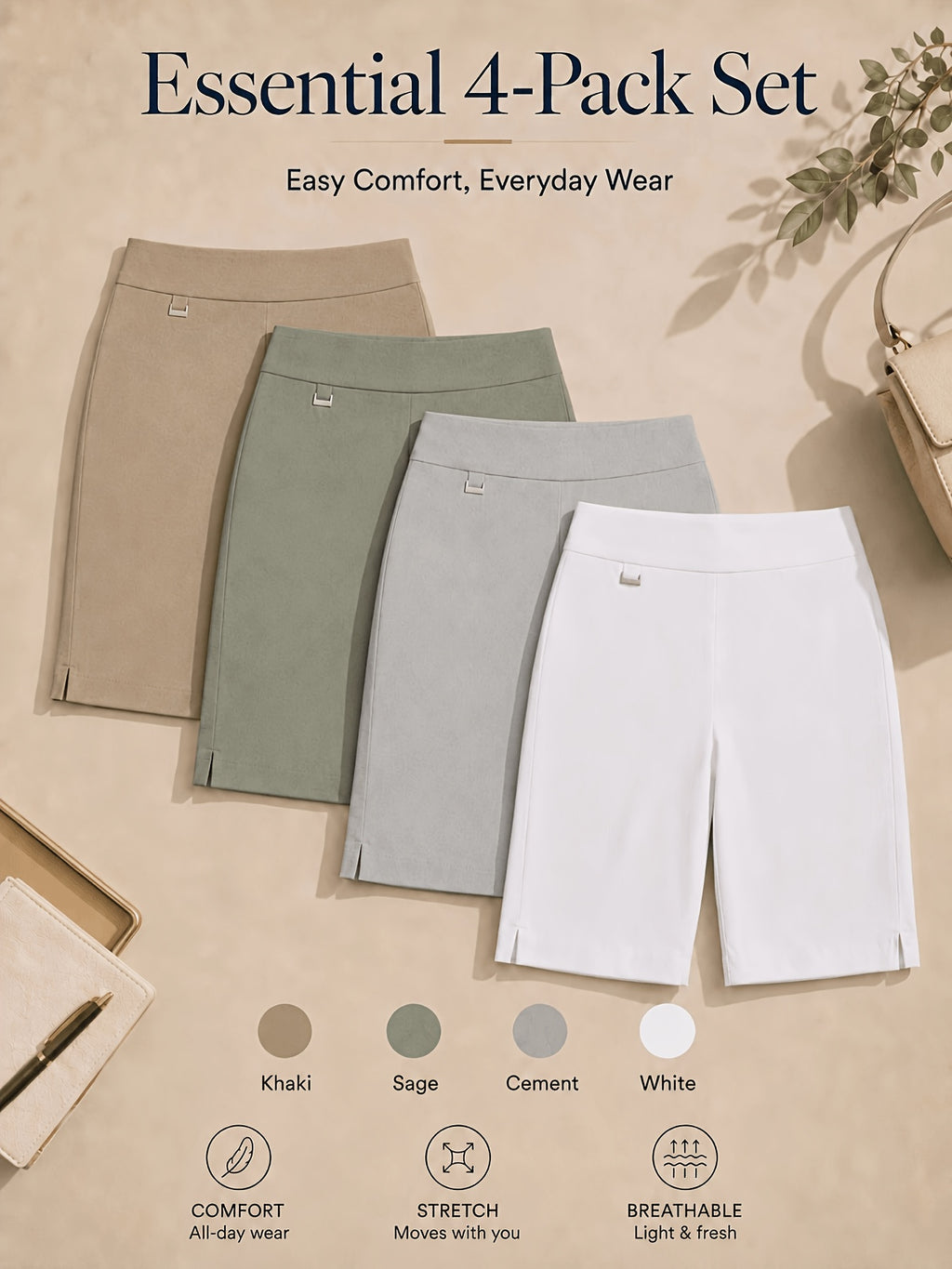 Women's Bermuda Shorts 4-Pack Pull-On Stretchy Breathable Knee Length Work Shorts with Side Slit Hem Skin-Friendly Multi-Color Set