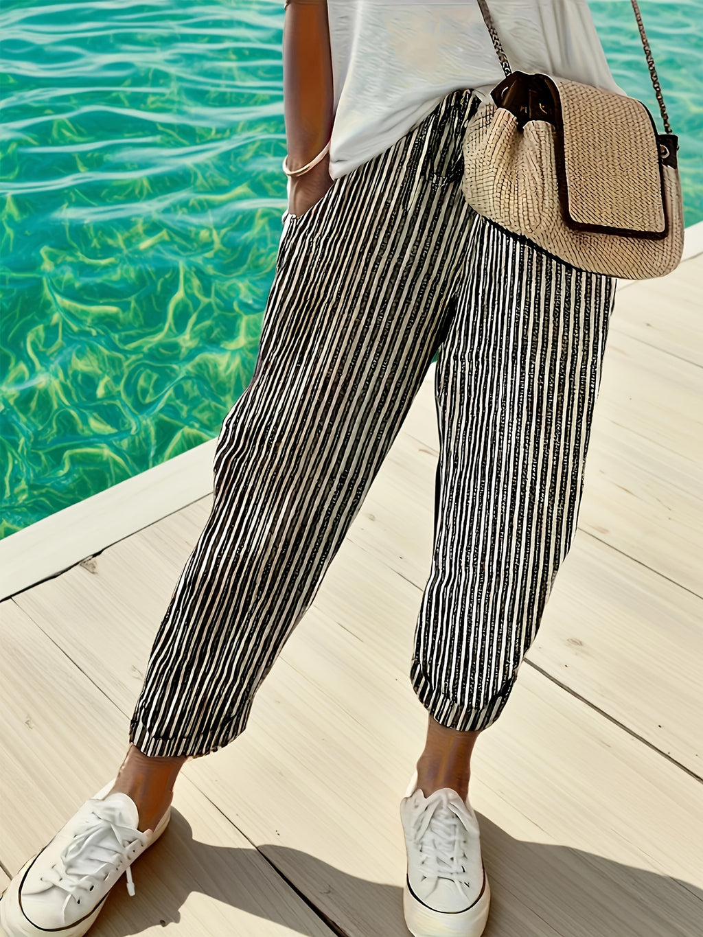 High Waist Wide Leg Pants Women Side Stripe 3/4 Length Casual Lightweight Polyester Relaxed Fit All Season Sporty Trousers