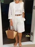 Women's Cardigan Top and Shorts 2-Piece Set Lapel Collar Casual Solid Color 100% Polyester Spring Summer Lightweight Suit Outfit
