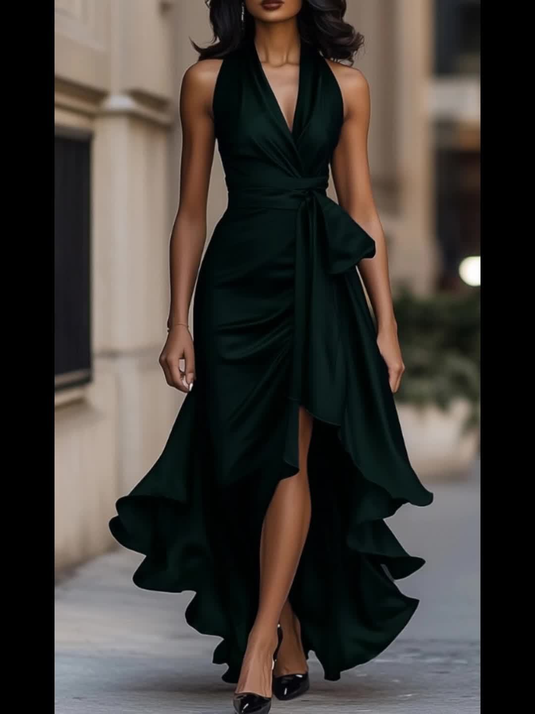 Satin Formal Dress Women V-Neck Sleeveless Ruched Waist Flared Hem Elegant Evening Gown Dark Blue Dinner Party Cocktail Dress 100% Polyester Smooth Fit