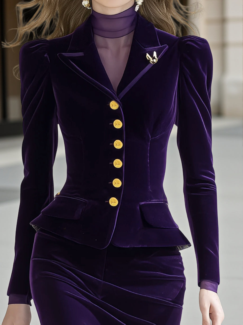 Women's Purple Velvet 2-Piece Suit Set Puff Sleeve Blazer and Maxi Skirt Elegant Autumn Winter Gala Dinner Evening Formal Outfit