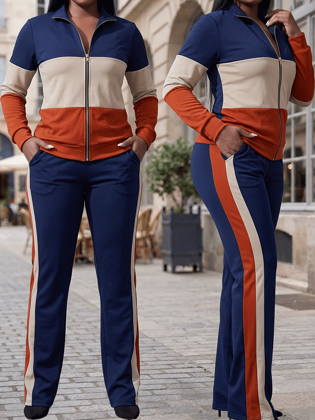 2 Piece Tracksuit Set Women Zip-Up Pattern Print Long Sleeve Top High Waist Skinny Jogger Pants Sweatsuit S-XXL