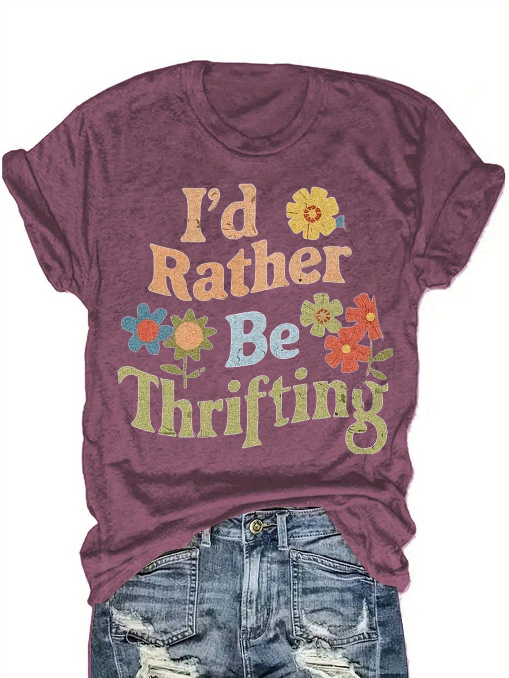 Women's 'I'd Rather Be Thrifting' Graphic Tee Vintage Crew Neck Short Sleeve Casual T-Shirt Navy Red S-XXL