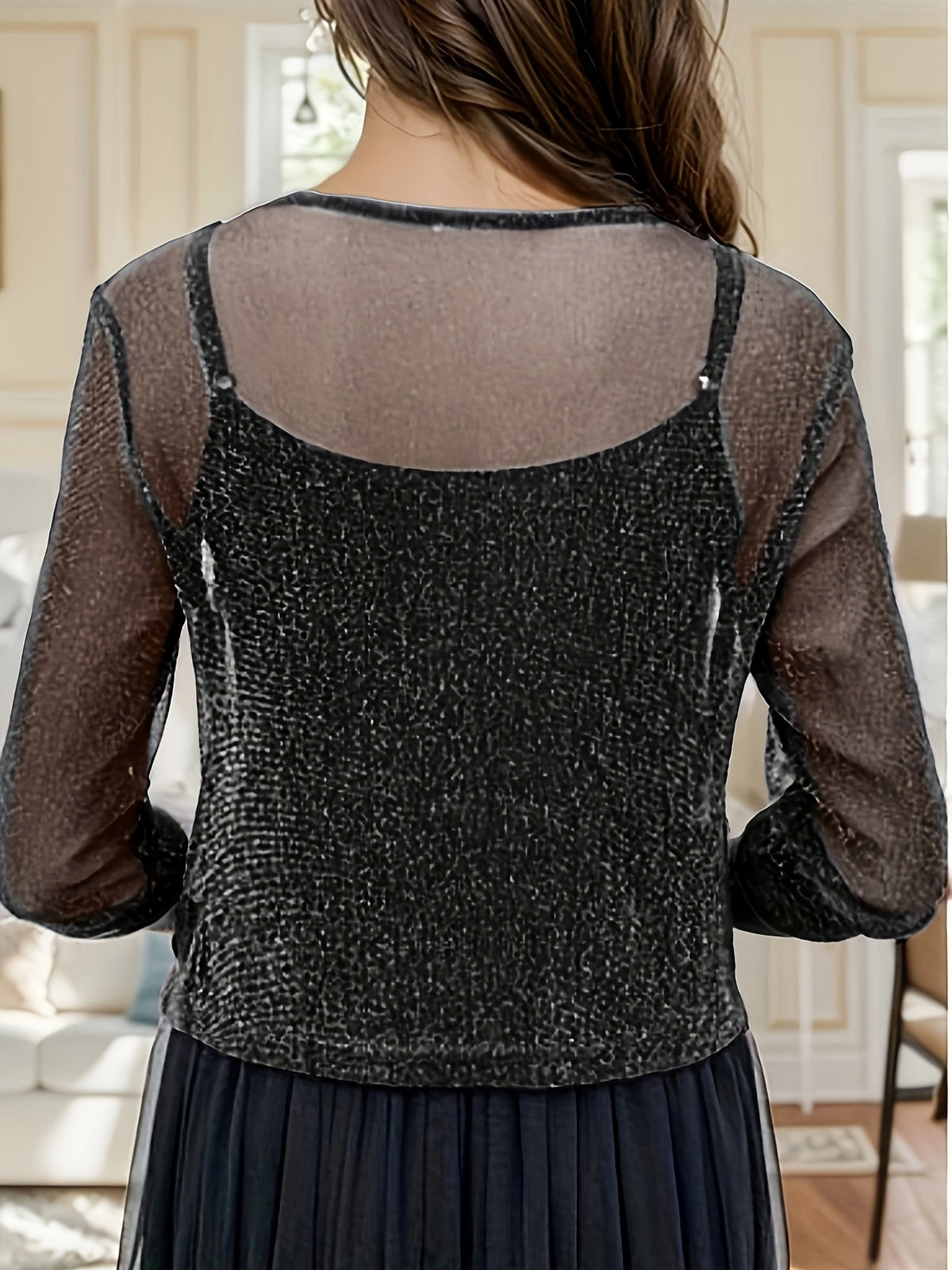 Metallic Halter Dress Women V-Neck Tie Belt Cropped Mesh Top with Shawl High Stretch Glam Evening Party Dress Silver Black S-XXL