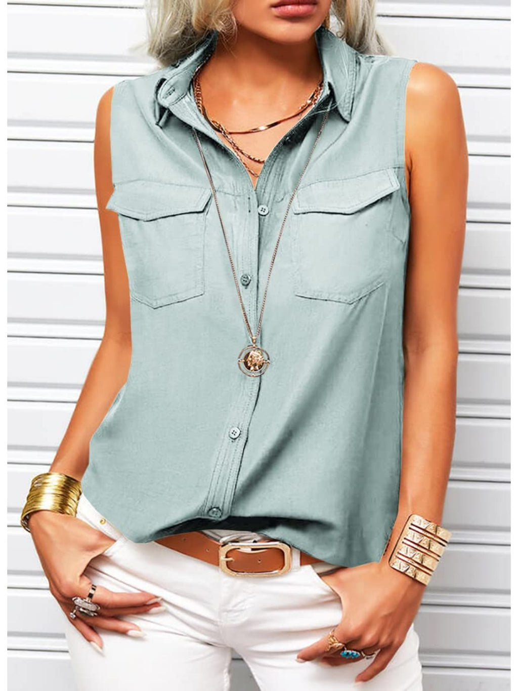Sleeveless Button Lapel Shirt Women Solid Color Office Tank Top Summer | Casual Work Collared Vest Blouse Lightweight Everyday Wear S-XXL