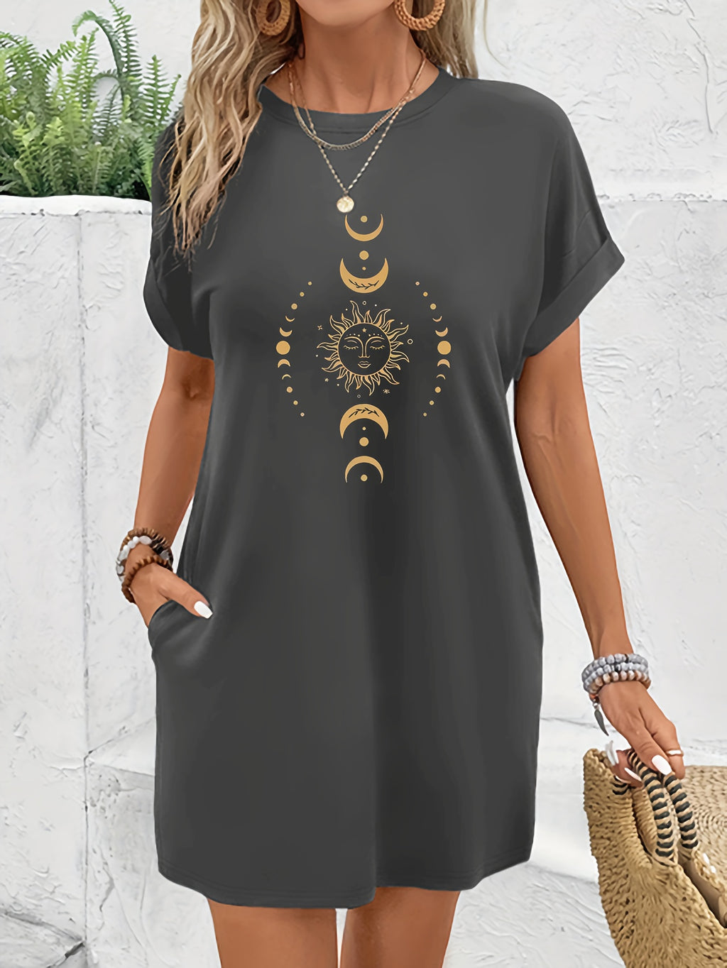 Celestial Sun Moon Stars Print T-Shirt Dress Women Boho Casual Knee-Length Short Sleeve Round Neck Graphic Dress Spring Summer S-XXL