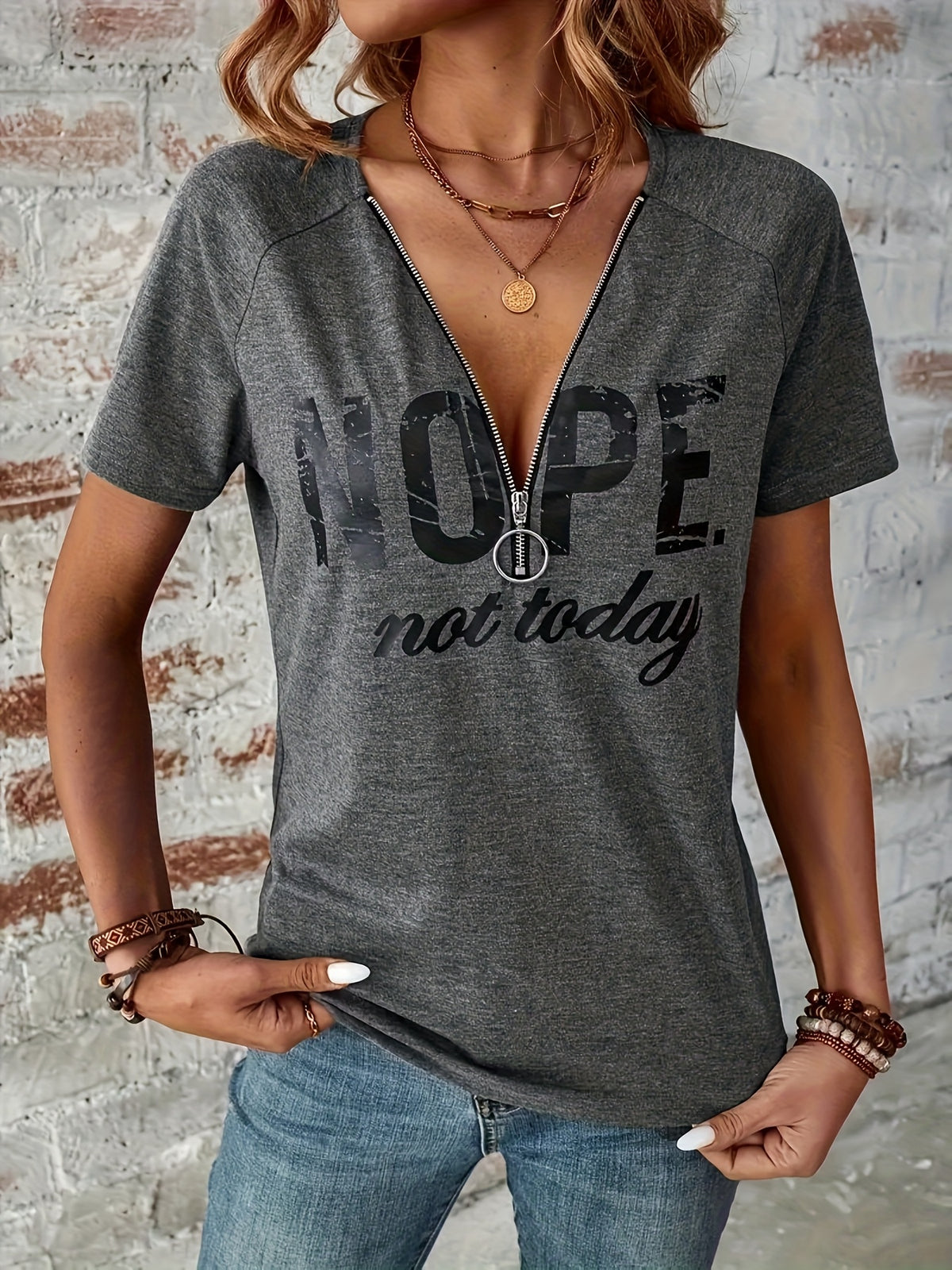 V-Neck Zip Detail Letter Print T-Shirt for Women - Soft Stretchy Casual Top Spring Summer Fall Everyday Wear