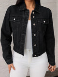 Women Black Denim Jacket Classic Button Front Collared Short Coat with Pockets Long Sleeve Casual Streetwear Outerwear All Season