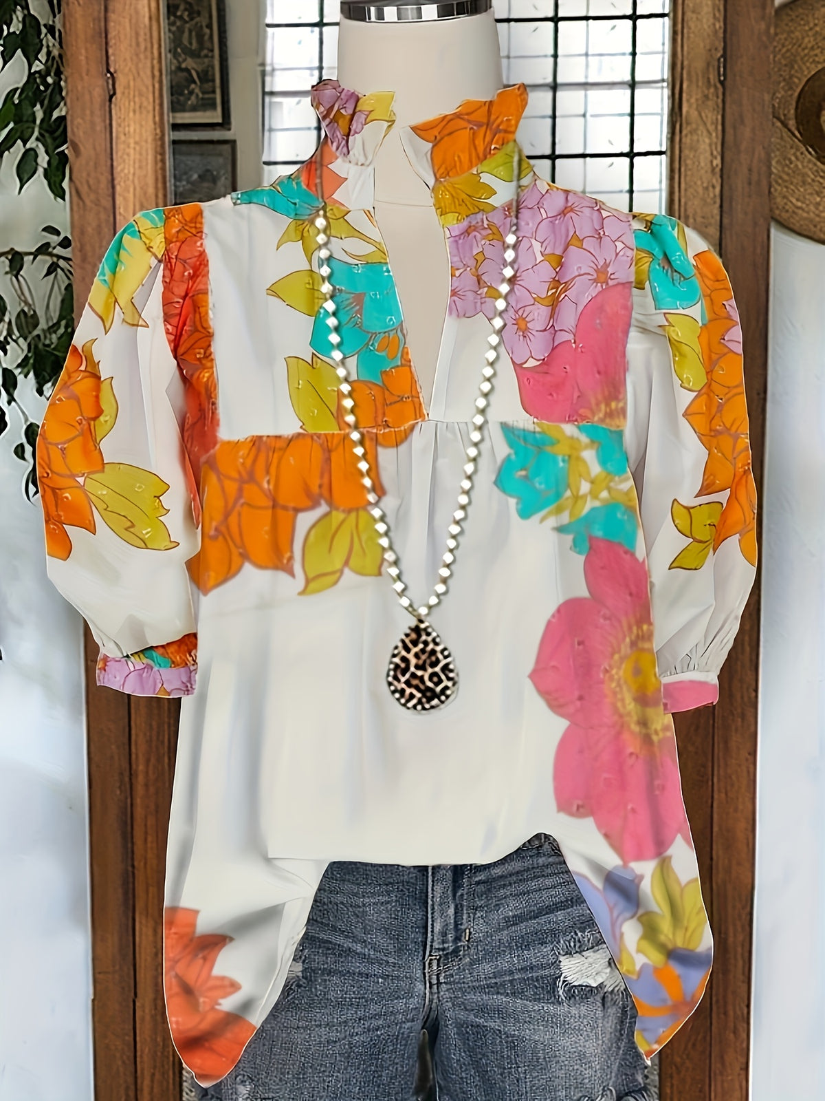 Flower Print Pleated Collar Shirt Women V-Neck Short Sleeve Pleated Cuffs Casual Office Top Spring Summer Fall S-XXL