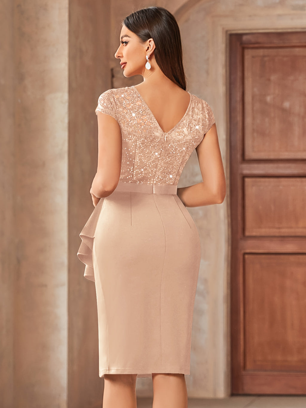 Sequin Lace Bridesmaid Midi Dress Women Cap Sleeve Ruffled Hem Side Slit Formal Wedding Guest Evening Dress