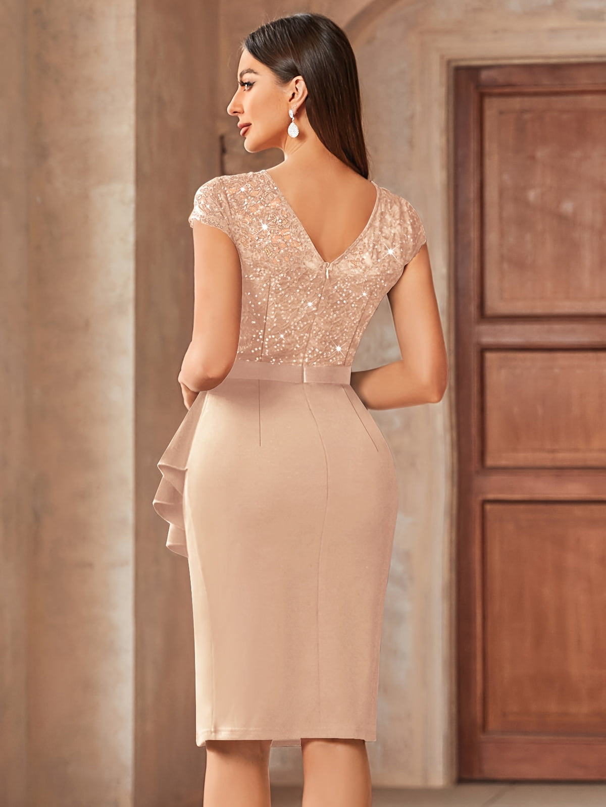 Sequin Lace Bridesmaid Midi Dress Women Cap Sleeve Ruffled Hem Side Slit Formal Wedding Guest Evening Dress