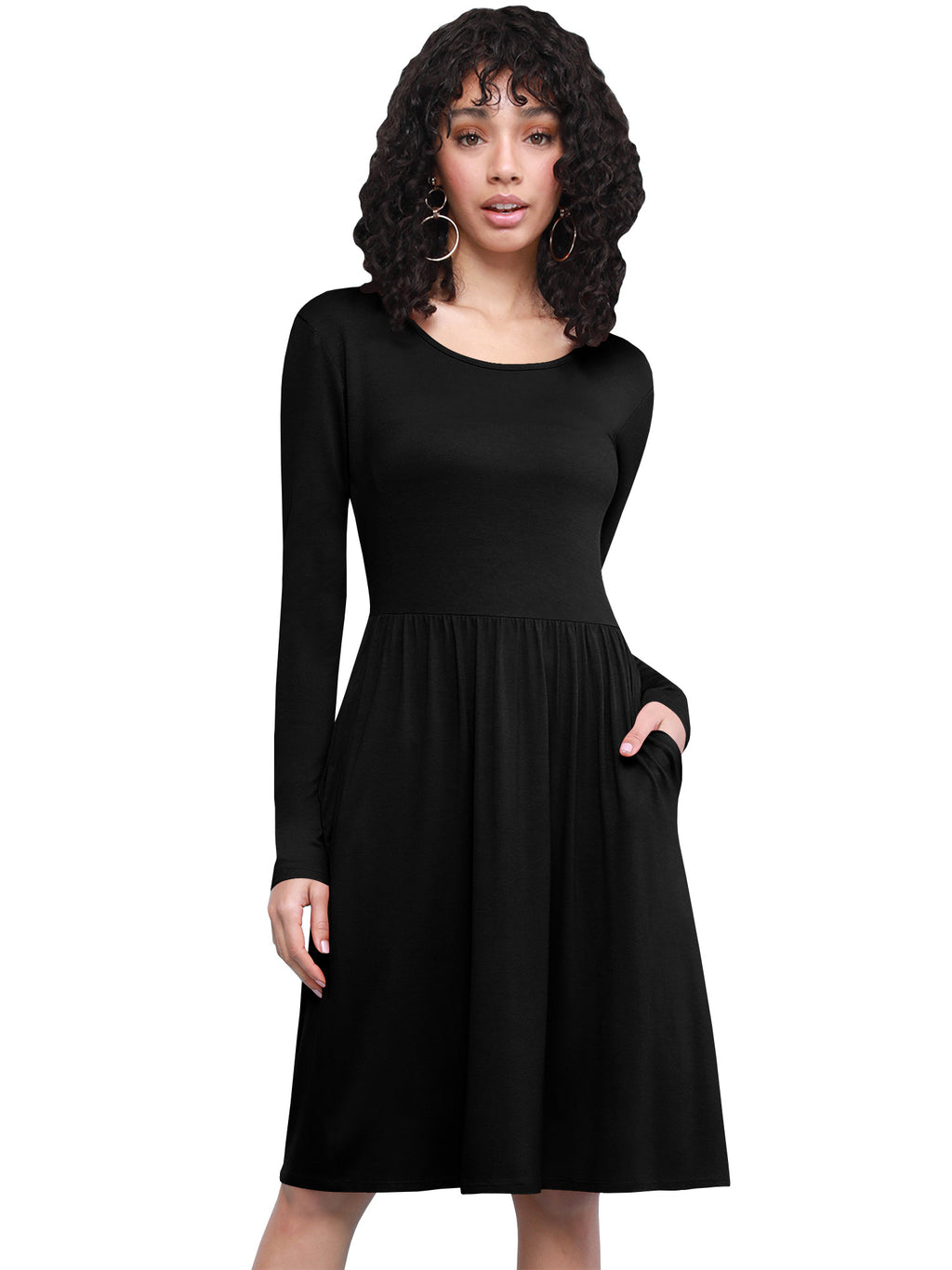 Long Sleeve Flowy Dress with Pockets Women Casual Soft Breathable Relaxed Fit Everyday Dress 18 Colors S-XXL