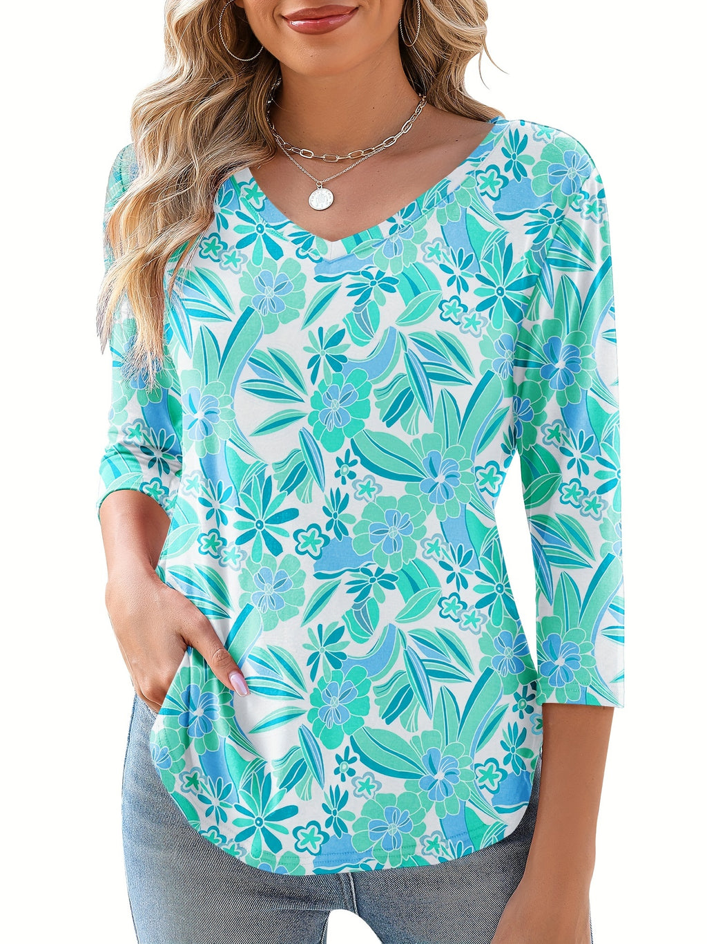 Random Floral Print V-Neck Blouse Women 3/4 Sleeve Versatile Basic Top Casual Elegant Spring Summer Fall S-XXL