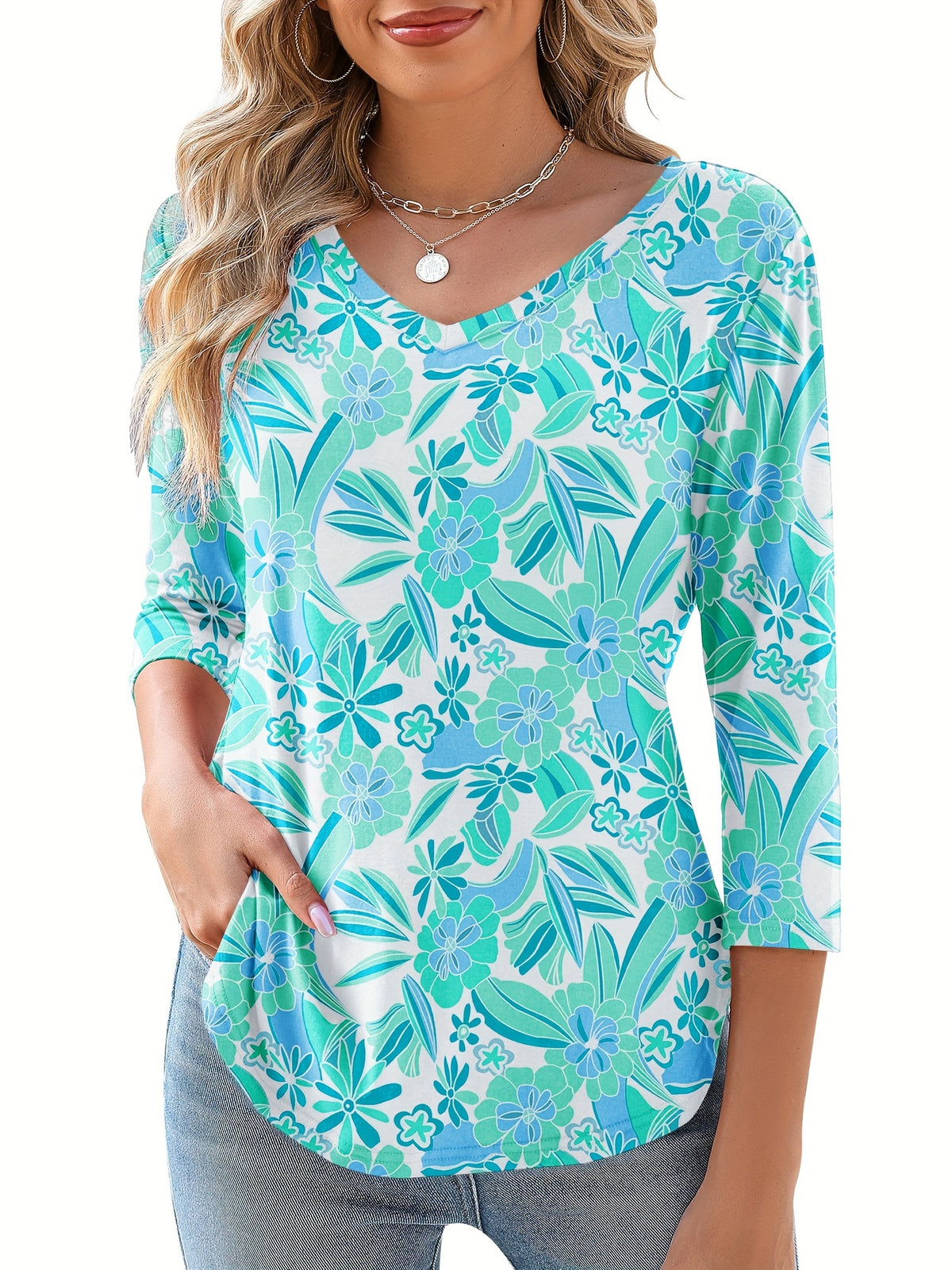 Random Floral Print V-Neck Blouse Women 3/4 Sleeve Versatile Basic Top Casual Elegant Spring Summer Fall S-XXL