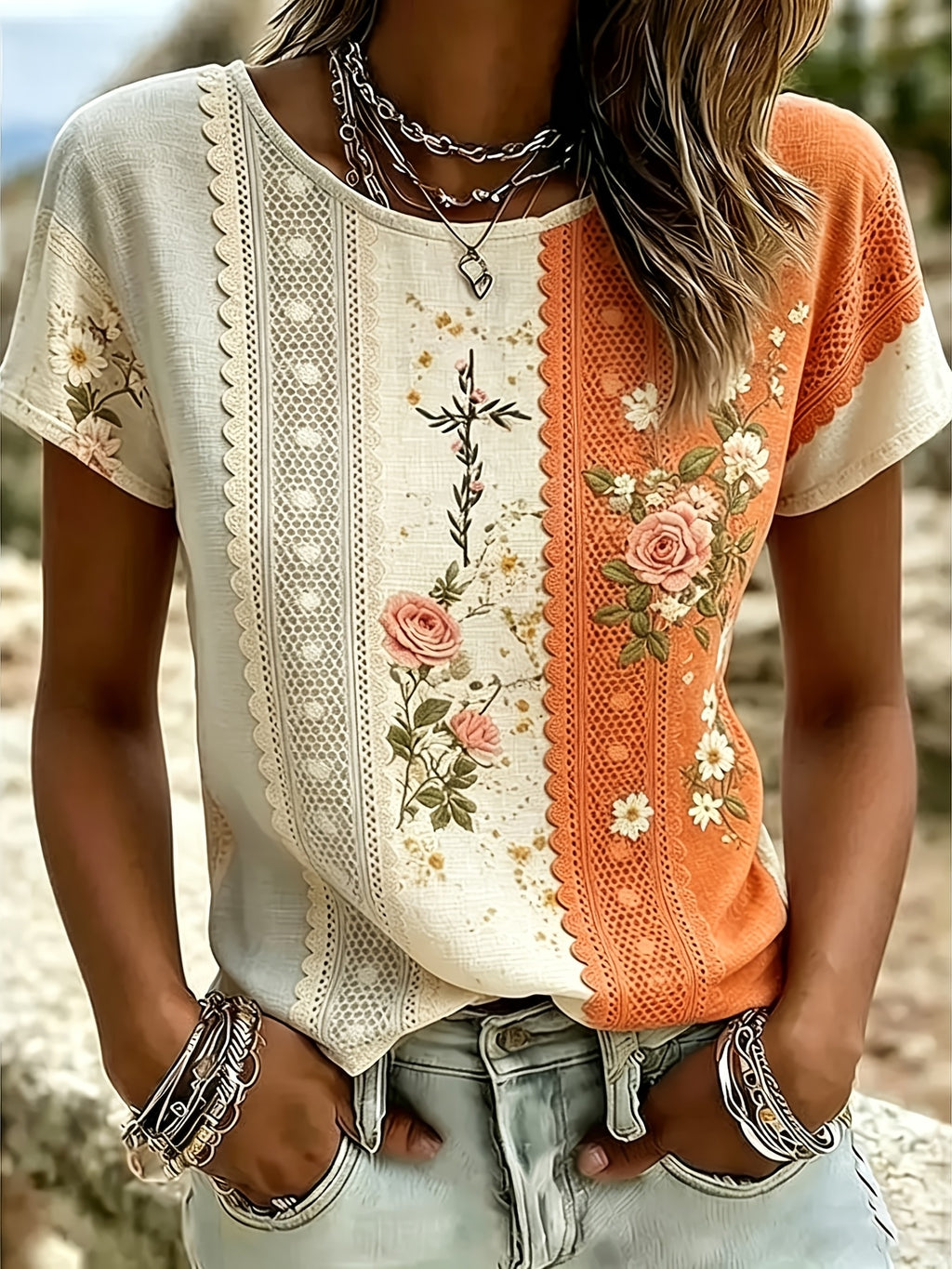 Y2K Geometric Allover Print Boho T-Shirt Women Loose Fit Short Sleeve Round Neck Floral Summer Top Soft Stretch Casual Party Daily Wear S-XXL