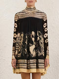 Bronzing Ethnic Print Mini Dress Women - Stand Collar Long Sleeve A-Line Skirt Casual Office Retro Party Dress, 100% Polyester All Season Black S-2XL
