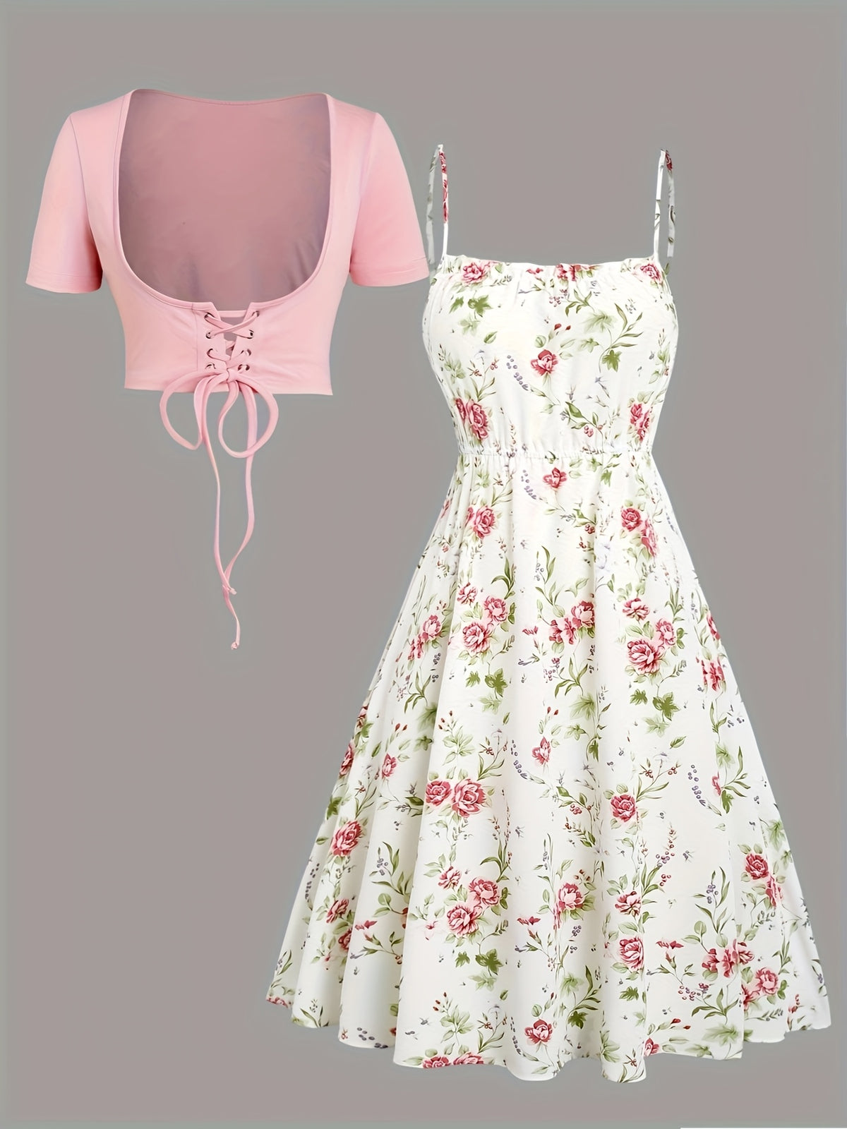 Women Floral Print Cami Dress and Lace Up Crop Top 2 Piece Set Sleeveless Waisted Summer Vacation Beach Casual Matching Outfit