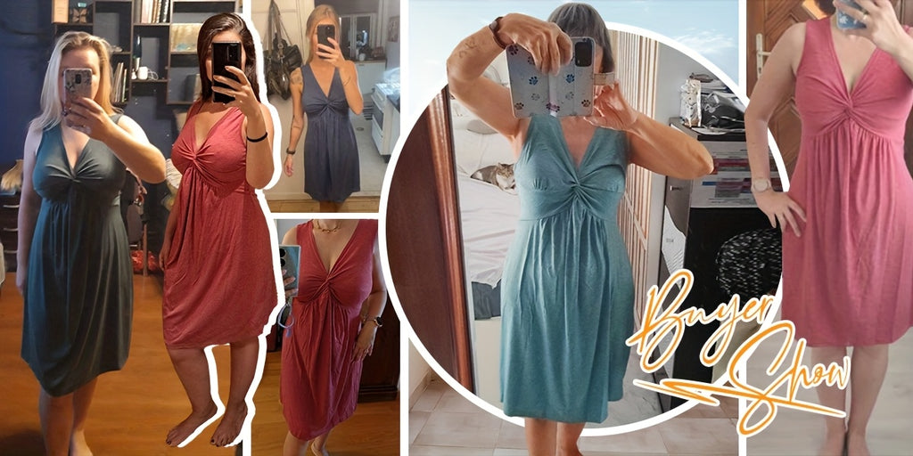Solid Color V-Neck Knot Tank Dress Women Sleeveless A-Line Knee Length Knit Casual Summer Dress 12 Colors S-XXL