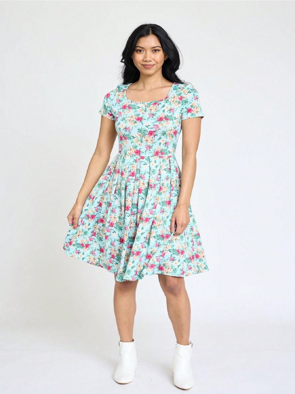 Paisley Floral Swing Dress Women Chevron Stripe Patchwork Pleated Square Neck Elastic Waist Midi Casual Plus Size S-3X