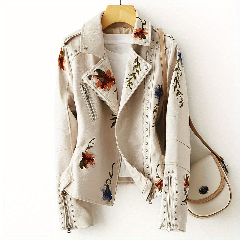 Floral Embroidered Moto PU Jacket Women Studded Faux Leather Coat Casual All Season Streetwear Biker Jacket