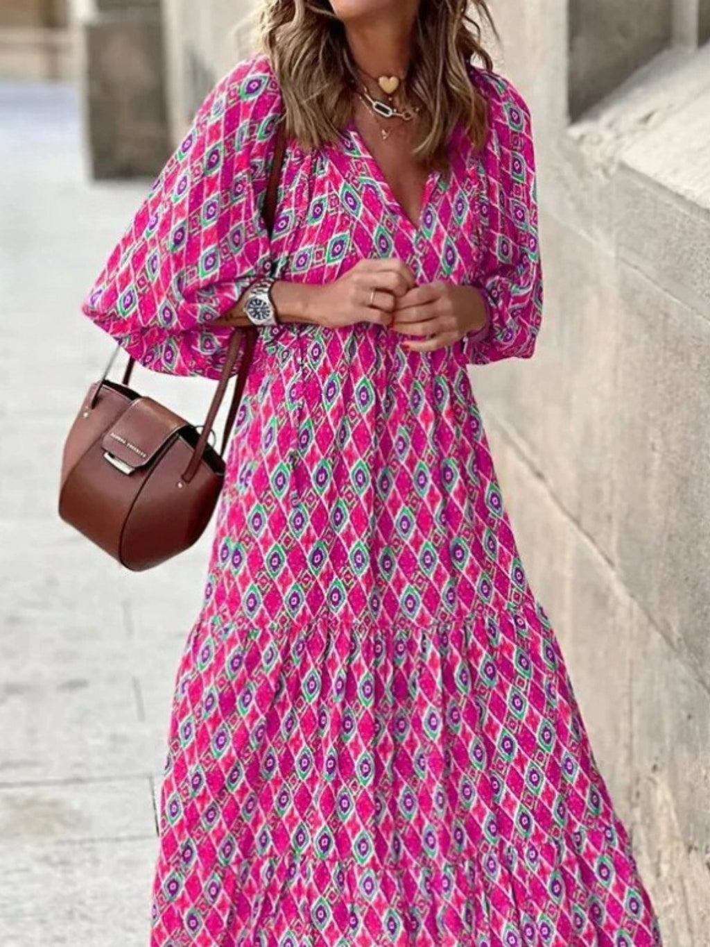 Boho Floral Puff Sleeve Maxi Dress Women V-Neck Lantern Sleeve Loose Long Dress Geometric Floral Print Lightweight Summer Dress S-XXL