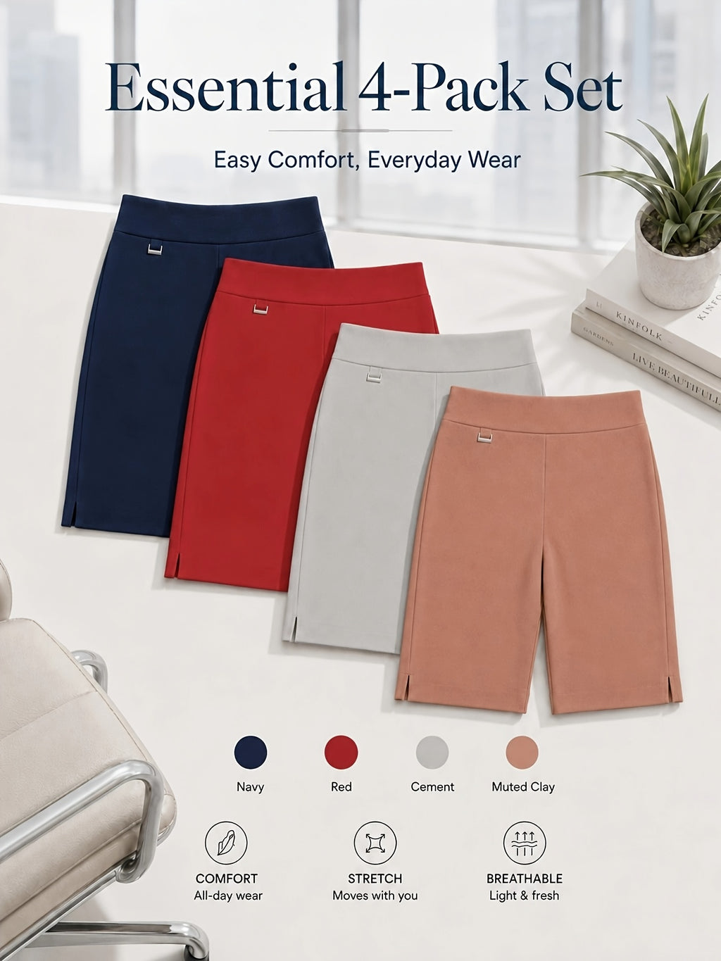 Women's Bermuda Shorts 4-Pack Pull-On Stretchy Breathable Knee Length Work Shorts with Side Slit Hem Skin-Friendly Multi-Color Set
