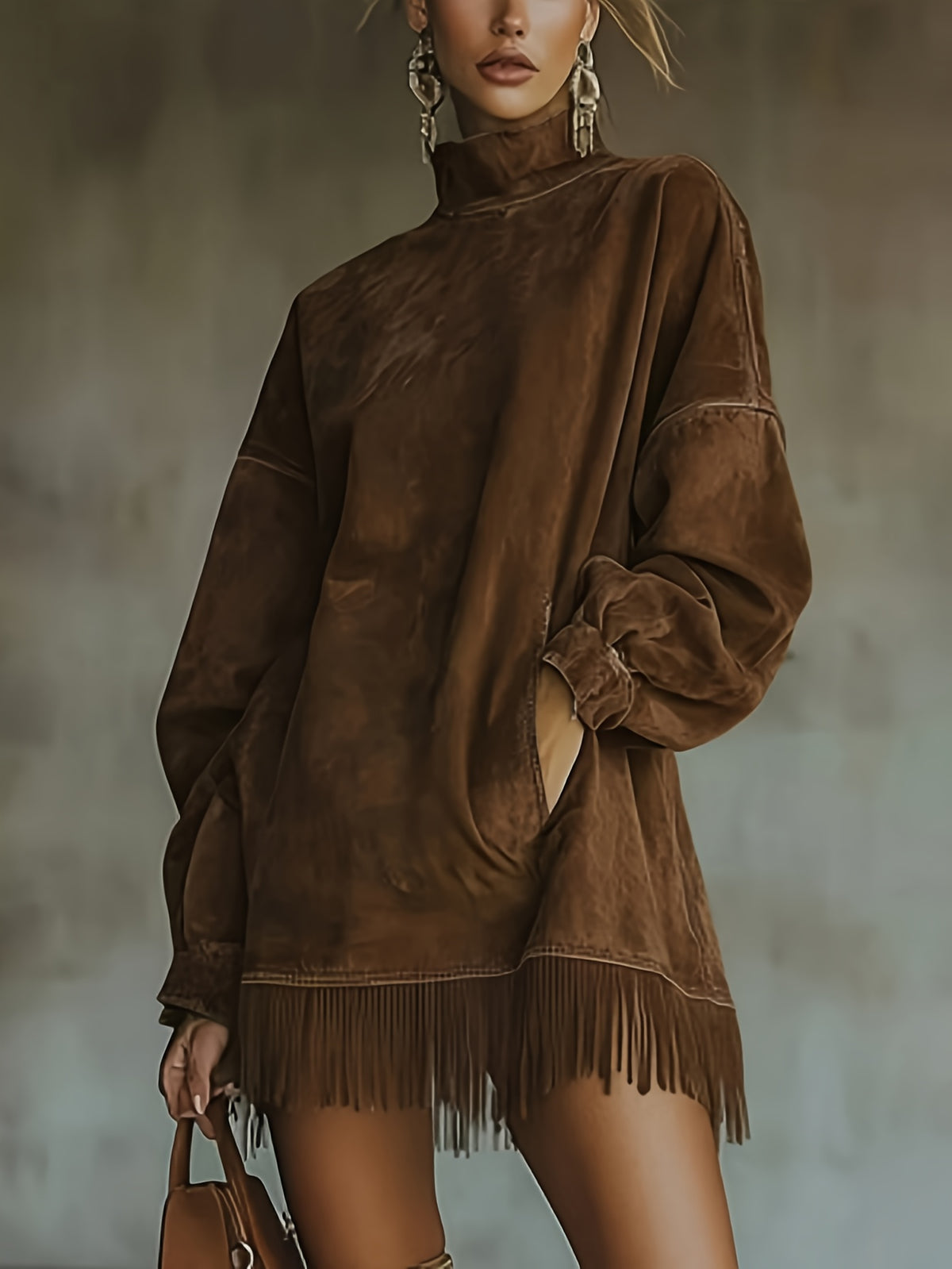 Fringed High Neck Long Sleeve Midi Dress Women | Retro Tassel Pleated Skirt | Loose Casual Dress XS-L