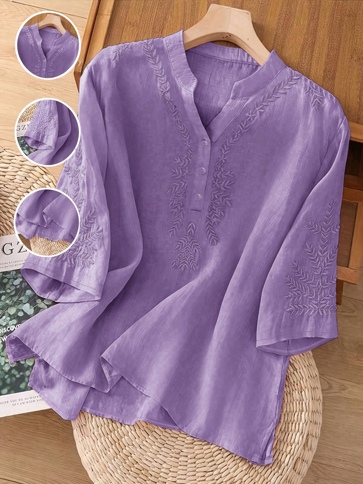Solid Color Embroidered Loose Top Women Casual Flowy Lightweight Spring Summer Everyday Blouse Shirt for Women