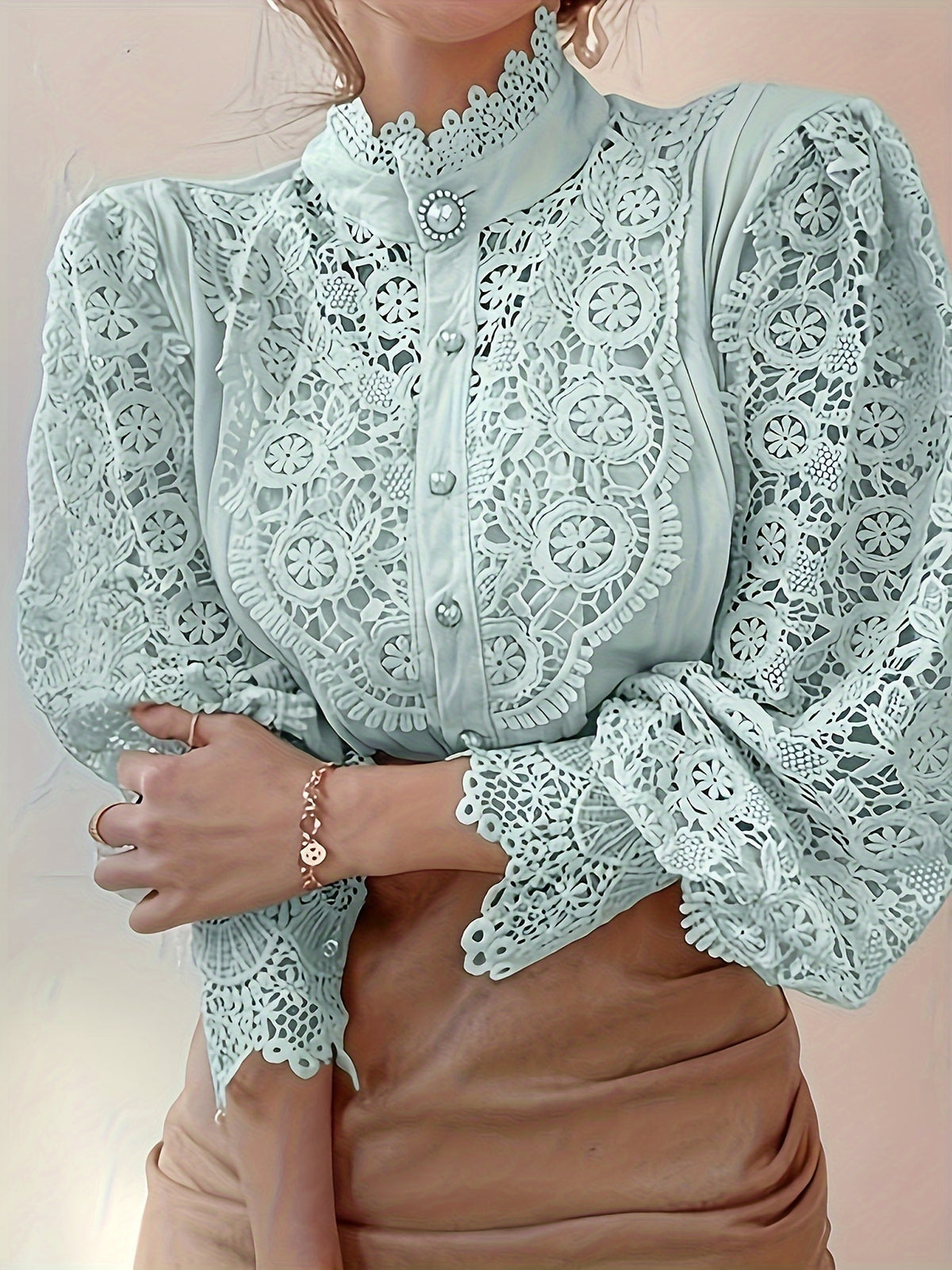 Heavy Lace Stand Collar Blouse for Women – Hollow Flower Long Sleeve Top with Pearl French Buttons, Elegant Solid Color Dressy Shirt