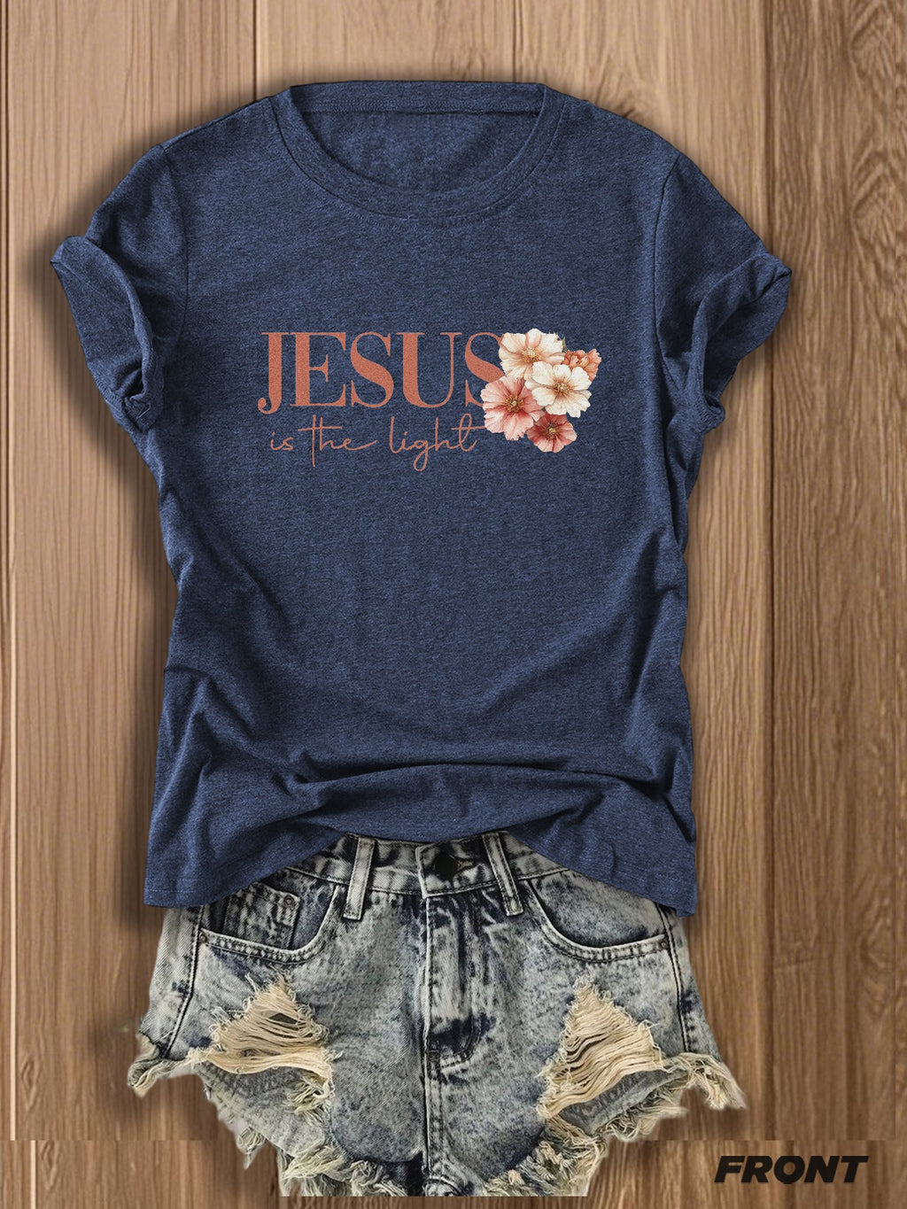 Jesus Floral Cross Double-Sided Print T-Shirt for Women - Faith Inspired Crew Neck Casual Christian Tee Summer Trendy Graphic Top