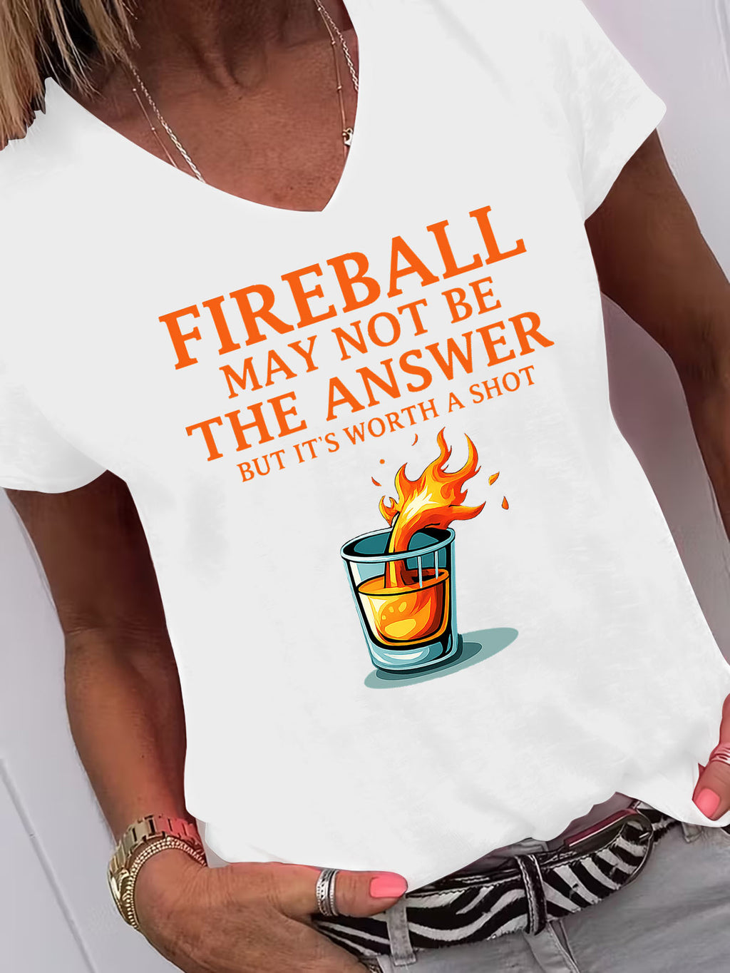 Fireball May Not Be The Answer Funny Quote V-Neck T-Shirt Women Casual Graphic Print 95% Polyester Stretch Knit Short Sleeve Novelty Holiday Gift Tee S-XXL