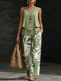 Leaf Print Wide-Leg Pants & Tank Top Set Women 2pcs Light Blue Sleeveless Crew Neck Spring Summer Casual Streetwear S-XL