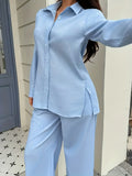 V-Neck Cardigan & Wide Leg Pants 2 Piece Set Women Casual Loose Matching Outfit Loungewear Cozy Knit Coordinates Spring Fall Everyday Wear