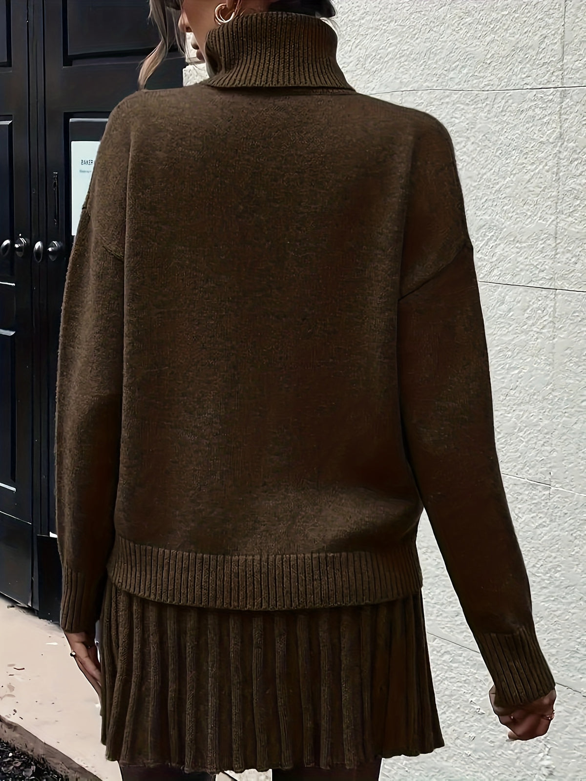 High-Neck Sweater Pleated Skirt Two-Piece Set Women Elegant Drop Shoulder Long Sleeve | Chic Knit Top + Pleated Skirt Co-Ord for Fall Winter Office & Daily Wear