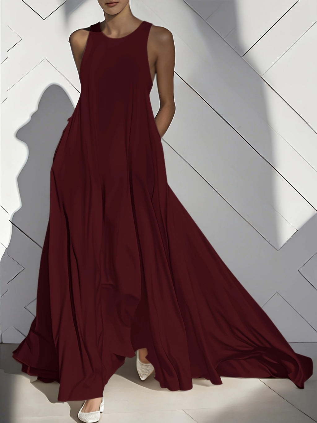 Sleeveless Maxi Dress Women Flared Ruffled Pleated Round Neck Cutout Pockets Loose Solid Color Casual Vacation Spring Summer Long Dress S-XXL