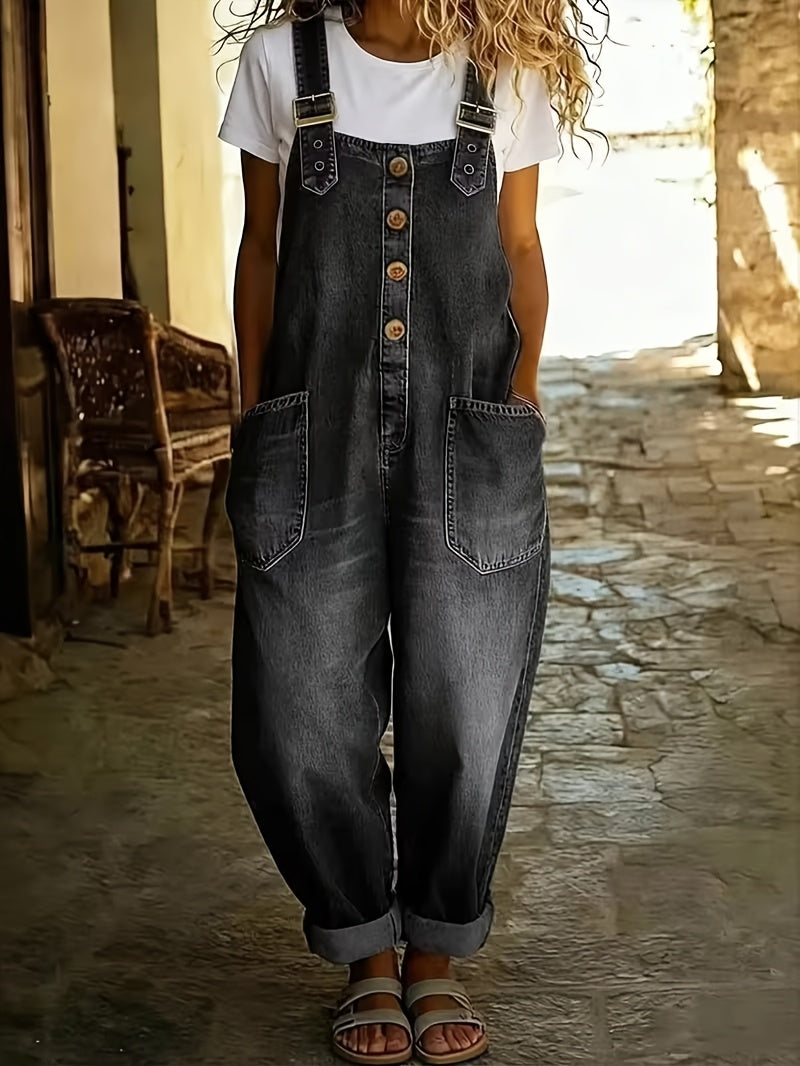 Washed Denim Jumpsuit Women Wide Leg Loose Retro Workwear Sleeveless Single Breasted Pocket Plus Size Solid Color Spring Summer Fall Street Style