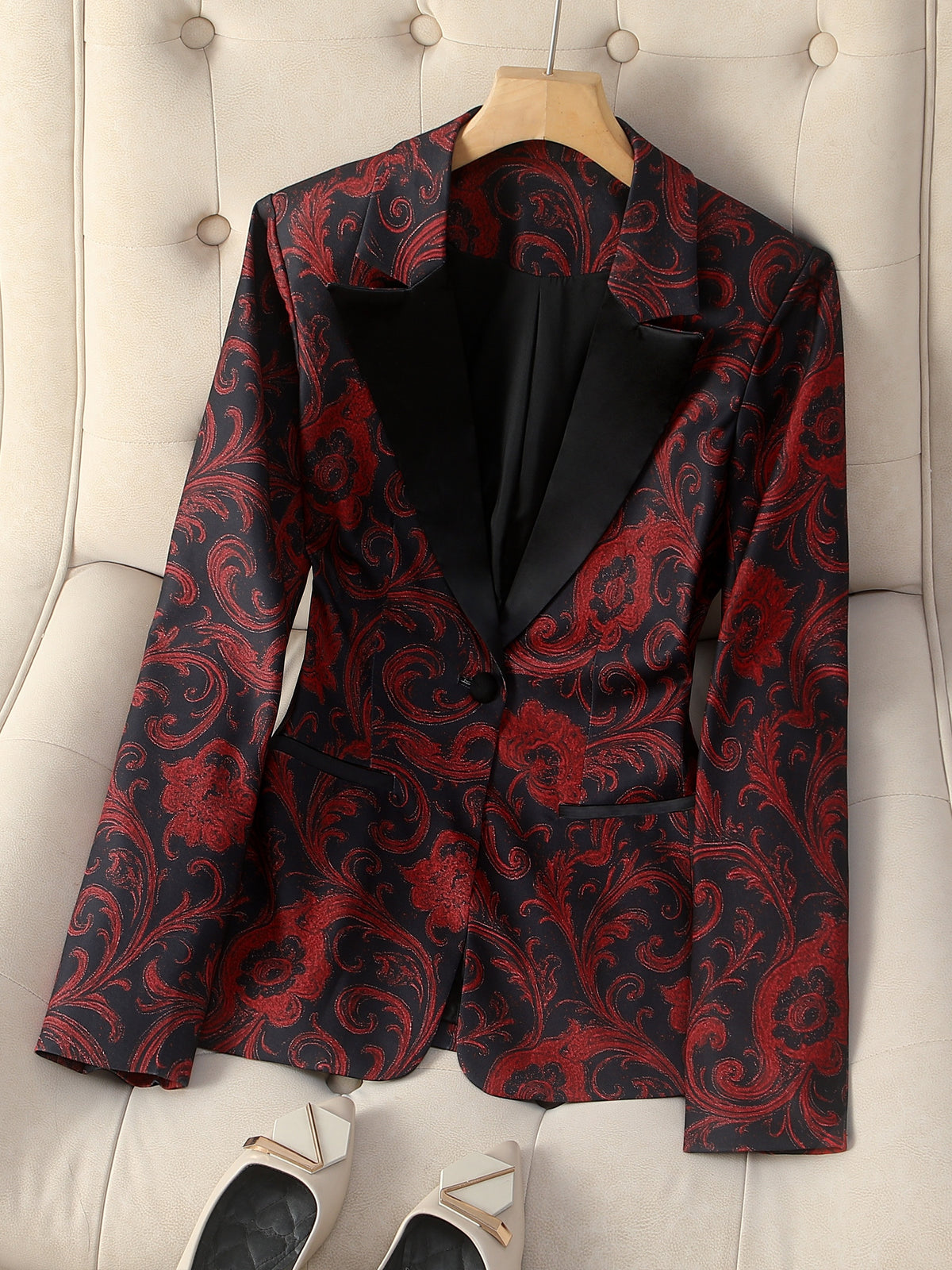 Paisley Print Blazer for Women Satin Stitching Long Sleeve Urban Elegance Cachemire Motif Woven Jacket Black S-XXL