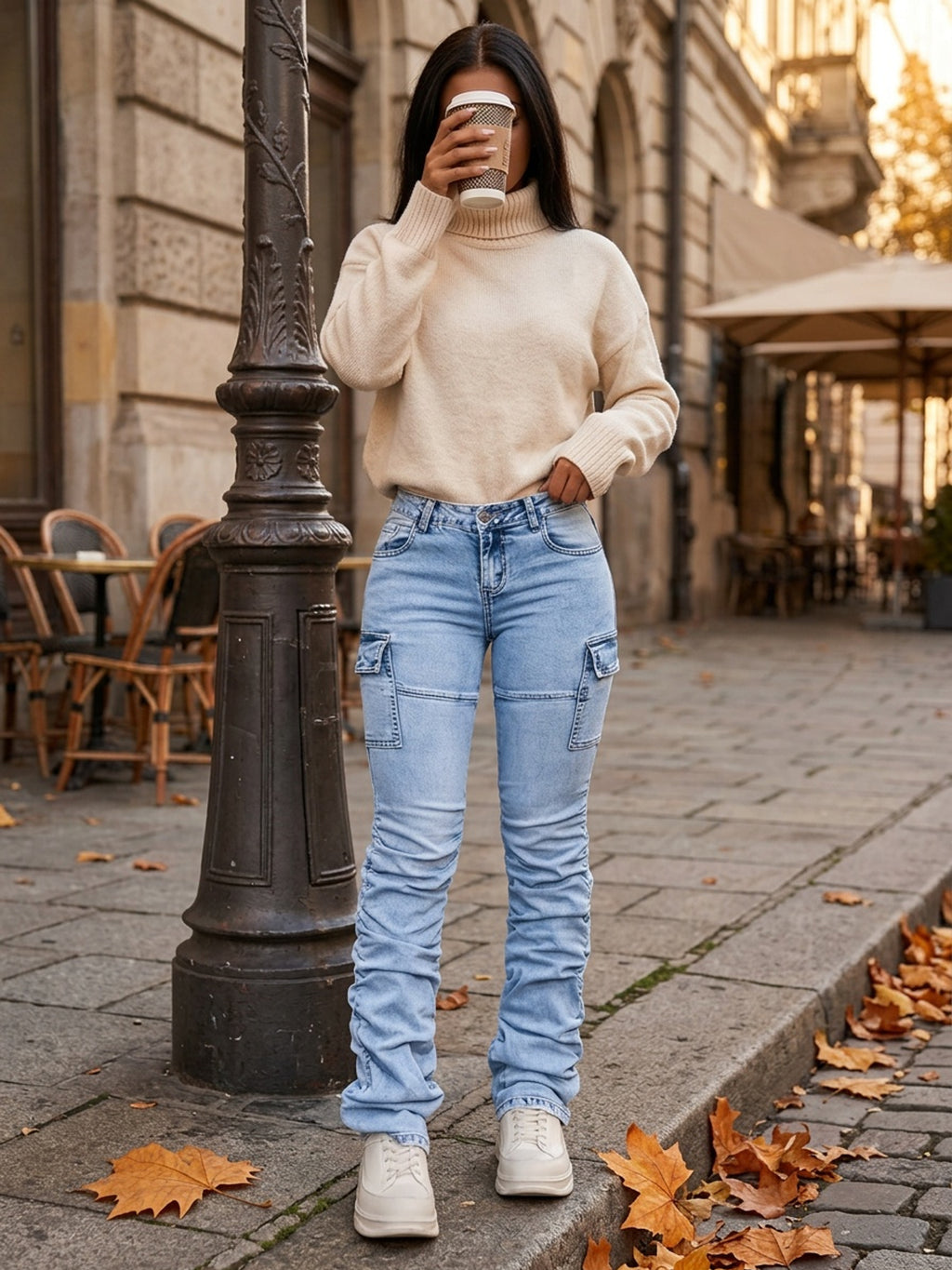 Sky Blue Slim Fit Pleated Leg Jeans for Women - Stretchy Fashion Denim with Unique Pleated Design, Stylish Practical Casual Pants for Everyday & Going Out Outfits
