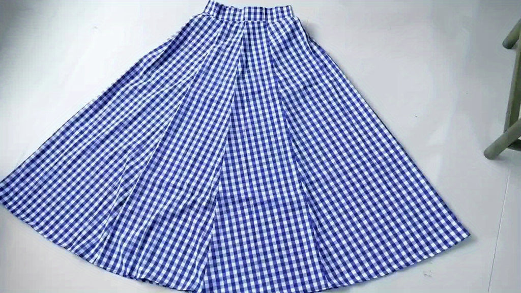 Plaid High Waist A-Line Midi Skirt for Women Checkered Woven Opaque Flowing Mid Length Skirt Spring Fall Casual Streetwear Blue White Black White S-XXL