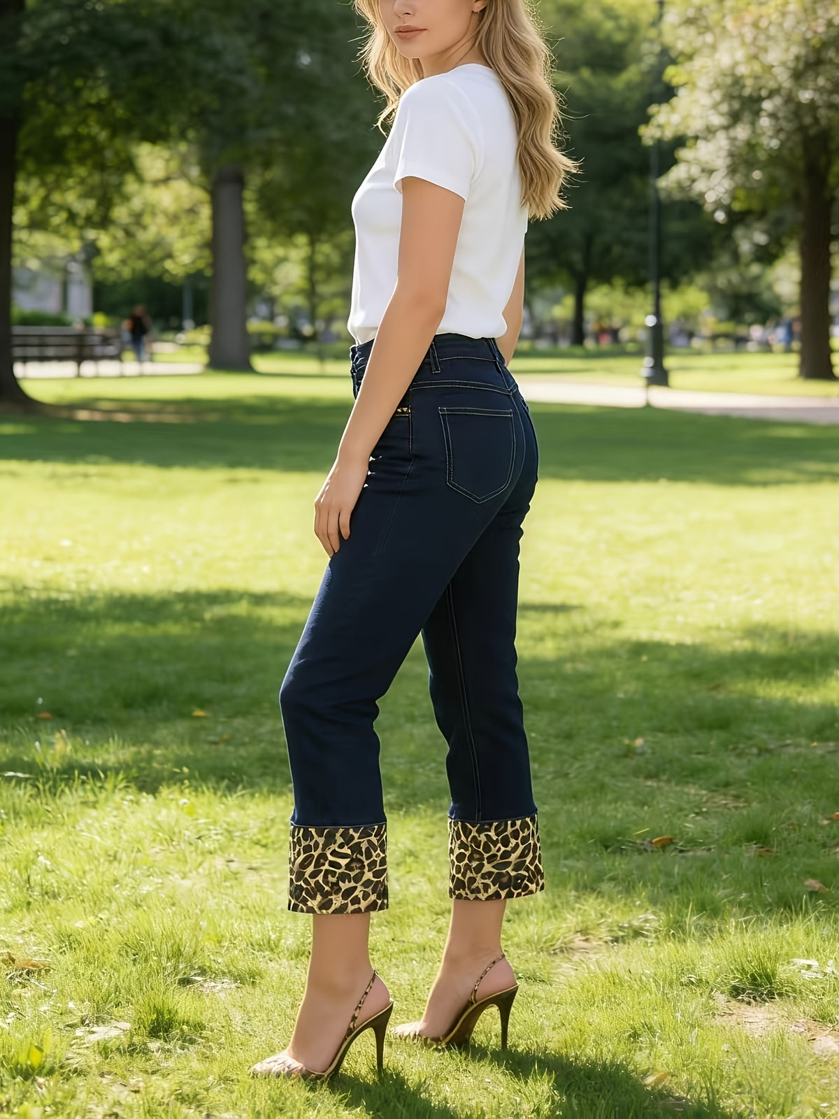 Y2K Leopard Print High Waist Butt Lifting Stretchy Jeans Women Dark Wash Casual Streetwear Denim Pants Deep Blue S-XXL